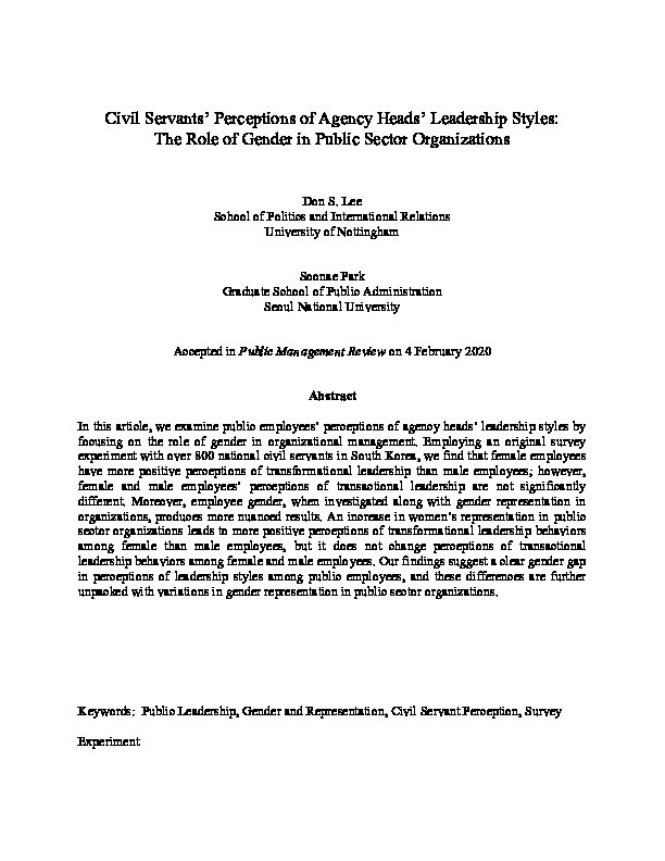 Civil servants’ perceptions of agency heads’ leadership styles: the role of gender in public sector organizations Thumbnail
