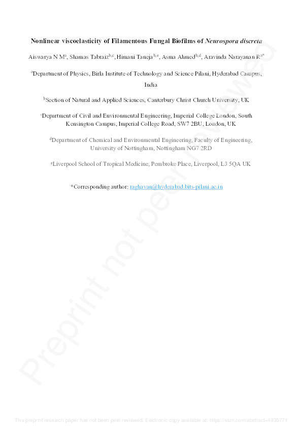 Nonlinear Viscoelasticity of Filamentous Fungal Biofilms of Neurospora Discreta Thumbnail