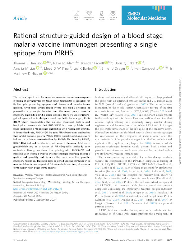 Rational structure-guided design of a blood stage malaria vaccine immunogen presenting a single epitope from PfRH5 Thumbnail