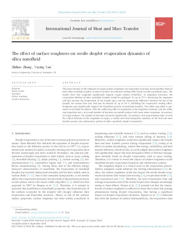 The effect of surface roughness on sessile droplet evaporation dynamics of silica nanofluid Thumbnail