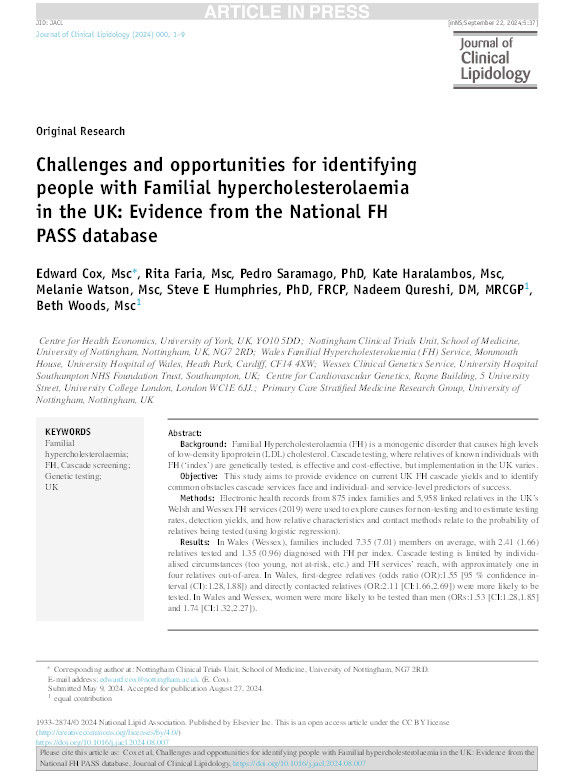 Challenges and opportunities for identifying people with Familial hypercholesterolaemia in the UK: Evidence from the National FH PASS database Thumbnail