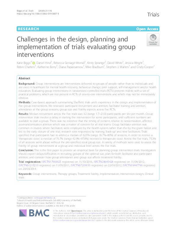 Challenges in the design, planning and implementation of trials evaluating group interventions Thumbnail