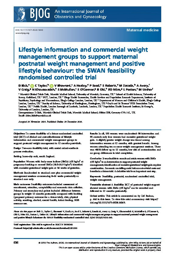 Lifestyle information and commercial weight management groups to support maternal postnatal weight management and positive lifestyle behaviour: the SWAN feasibility randomised controlled trial Thumbnail