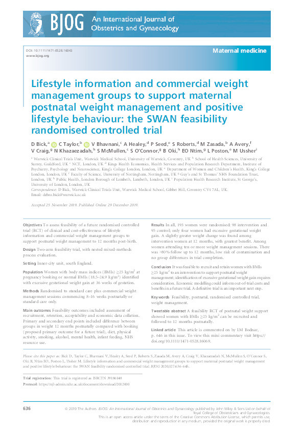 Lifestyle information and commercial weight management groups to support maternal postnatal weight management and positive lifestyle behaviour: the SWAN feasibility randomised controlled trial Thumbnail