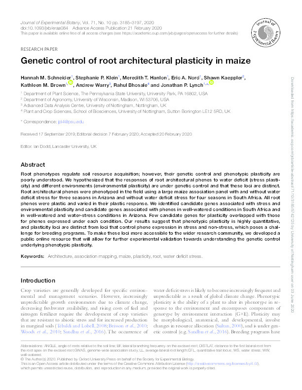 Genetic control of root architectural plasticity in maize Thumbnail