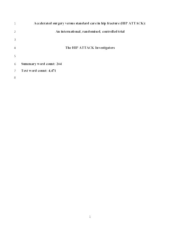 Accelerated surgery versus standard care in hip fracture (HIP ATTACK): an international, randomised, controlled trial Thumbnail