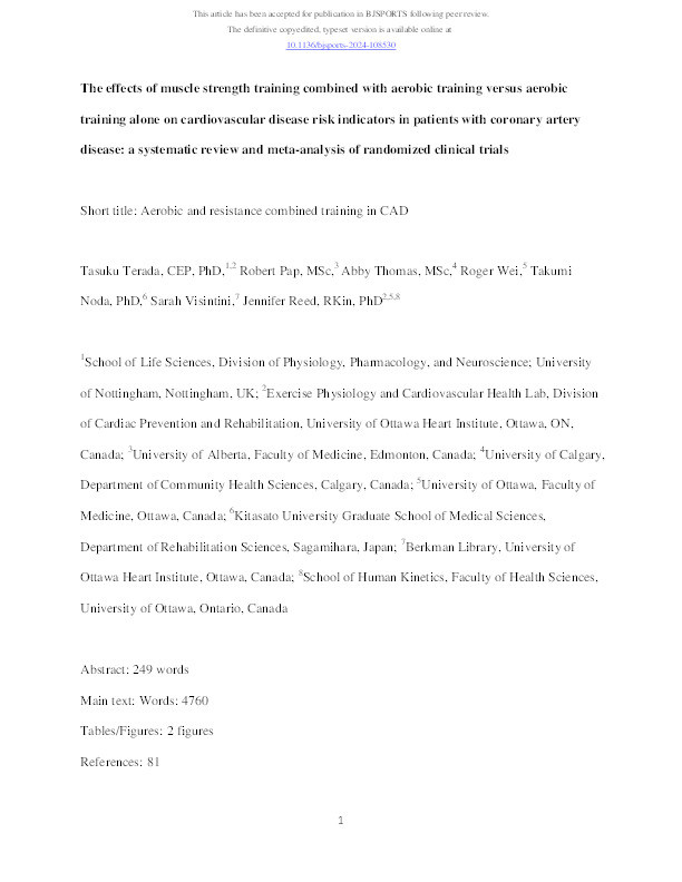 Effects of muscle strength training combined with aerobic training versus aerobic training alone on cardiovascular disease risk indicators in patients with coronary artery disease: a systematic review and meta-analysis of randomised clinical trials Thumbnail