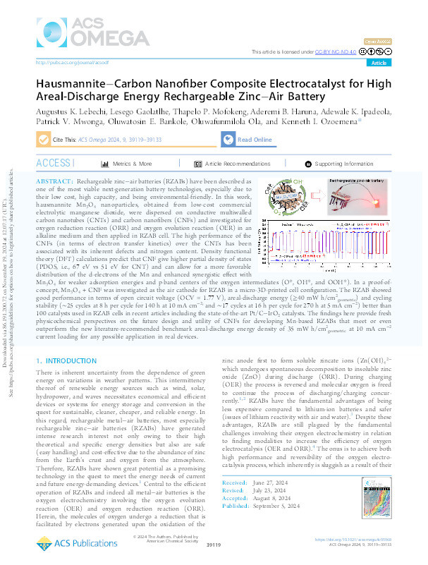 Hausmannite-Carbon Nanofiber Composite Electrocatalyst for High Areal-Discharge Energy Rechargeable Zinc-Air Battery Thumbnail