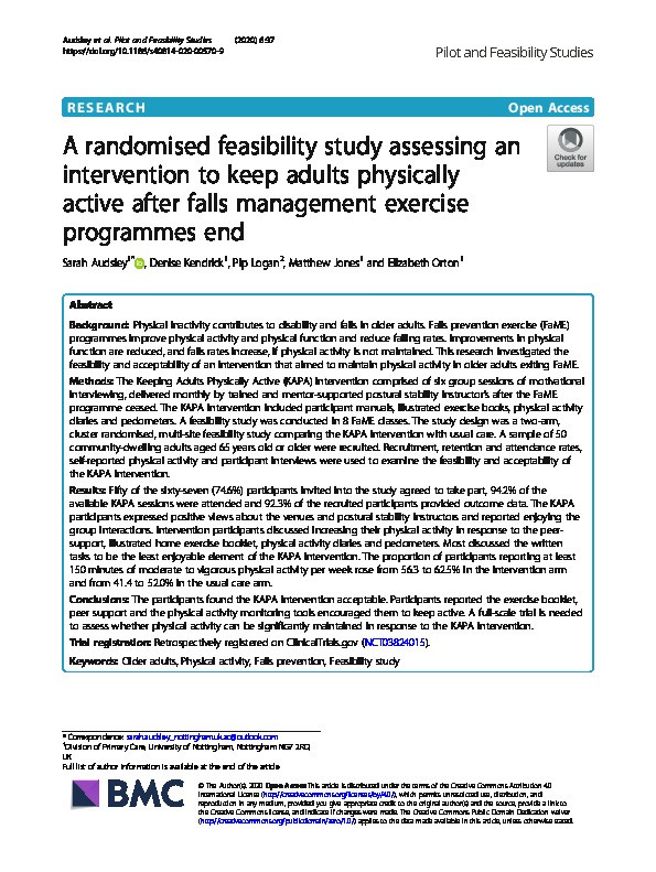A randomised feasibility study assessing an intervention to keep adults physically active after falls management exercise programmes end Thumbnail