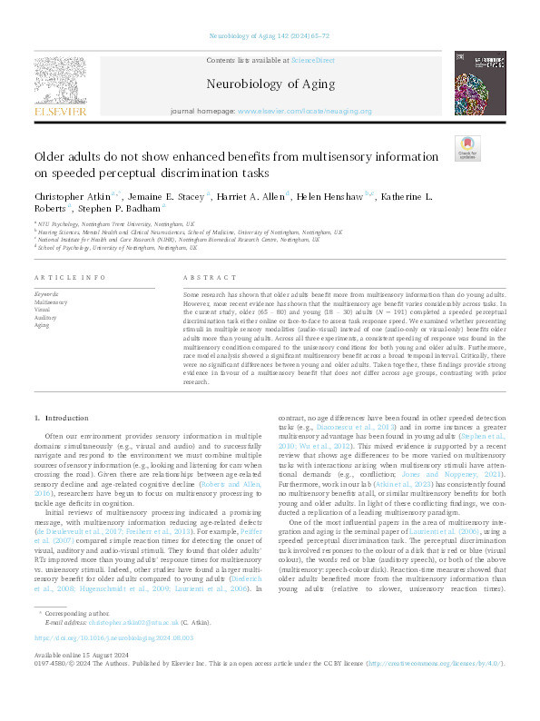 Older adults do not show enhanced benefits from multisensory information on speeded perceptual discrimination tasks Thumbnail