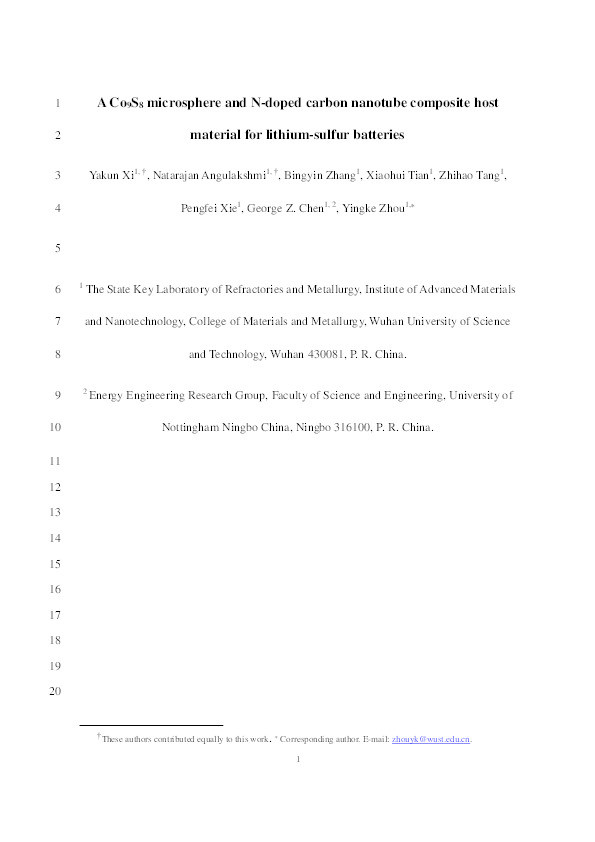 A Co9S8 microsphere and N-doped carbon nanotube composite host material for lithium-sulfur batteries Thumbnail