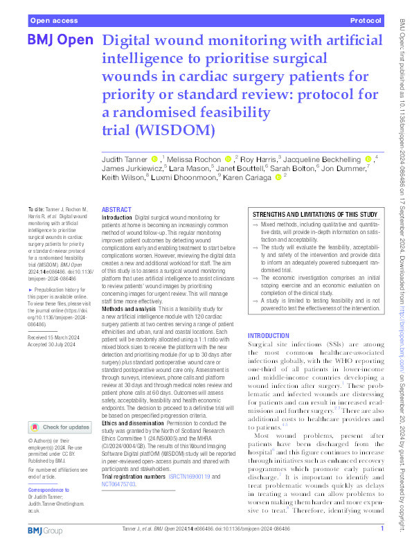 Digital wound monitoring with artificial intelligence to prioritise surgcial wounds in cardiac surgery: protocol for a randomised feasibility trial (WISDOM) Thumbnail