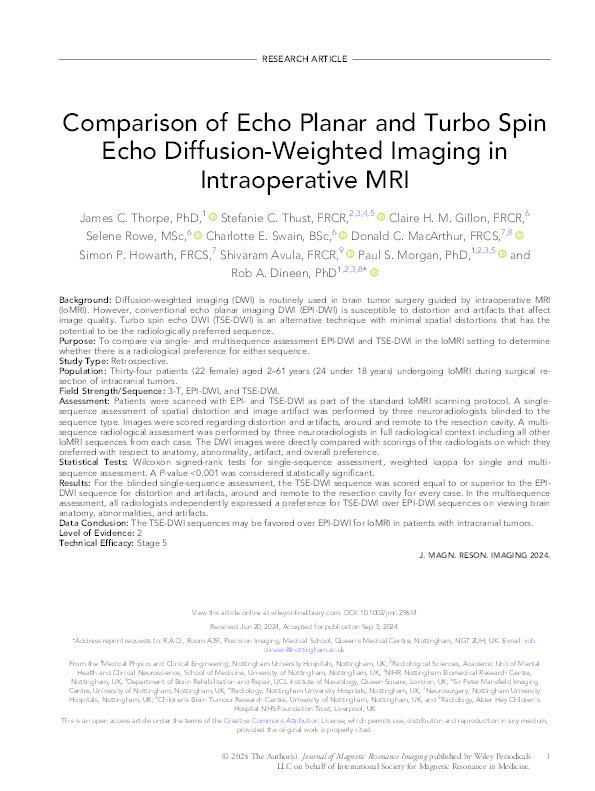 Comparison of Echo Planar and Turbo Spin Echo Diffusion‐Weighted Imaging in Intraoperative MRI Thumbnail