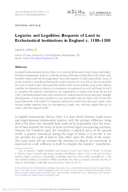 Legacies and Legalities: Bequests of Land to Ecclesiastical Institutions in England c. 1180-1300 Thumbnail