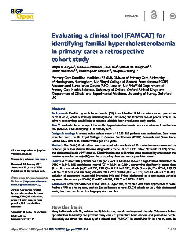 Evaluating a clinical tool (FAMCAT) for identifying familial hypercholesterolaemia in primary care: a retrospective cohort study Thumbnail