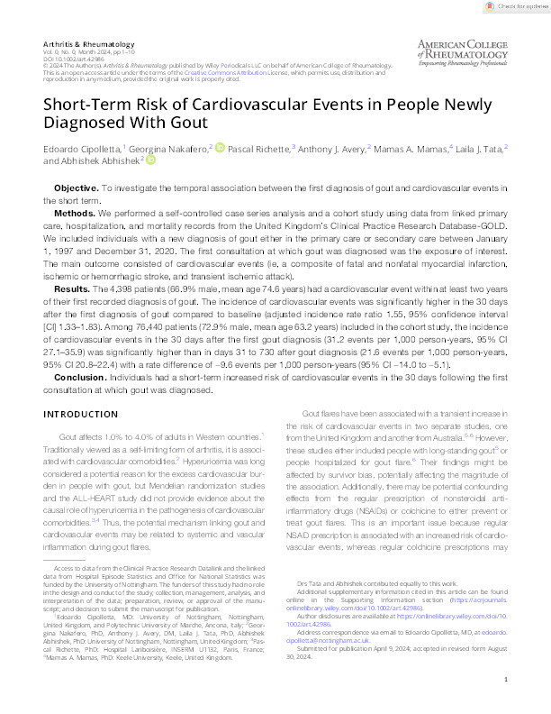 Short-Term Risk of Cardiovascular Events in People Newly Diagnosed With Gout Thumbnail