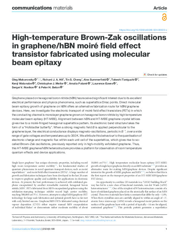 High-temperature Brown-Zak oscillations in graphene/hBN moiré field effect transistor fabricated using molecular beam epitaxy Thumbnail