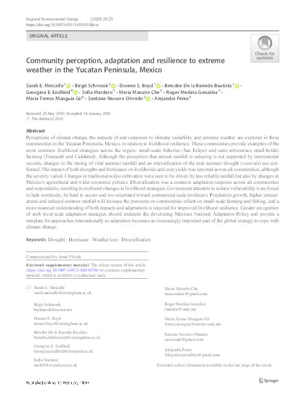 Community perception, adaptation and resilience to extreme weather in the Yucatan Peninsula, Mexico Thumbnail