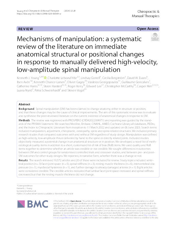 Mechanisms of manipulation: a systematic review of the literature on immediate anatomical structural or positional changes in response to manually delivered high-velocity, low-amplitude spinal manipulation Thumbnail