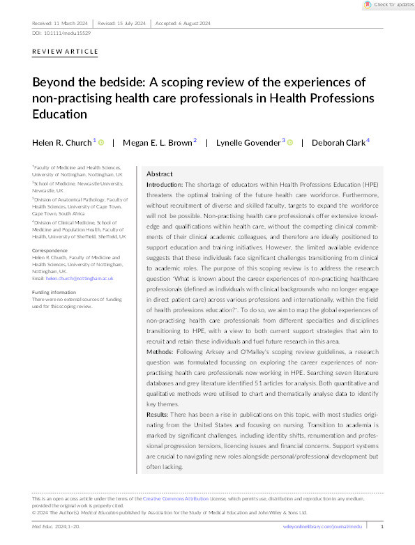 Beyond the bedside: A scoping review of the experiences of non‐practising health care professionals in Health Professions Education Thumbnail