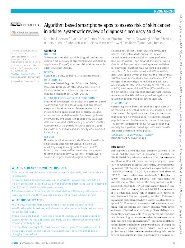 Algorithm based smartphone apps to assess risk of skin cancer in adults: systematic review of diagnostic accuracy studies Thumbnail