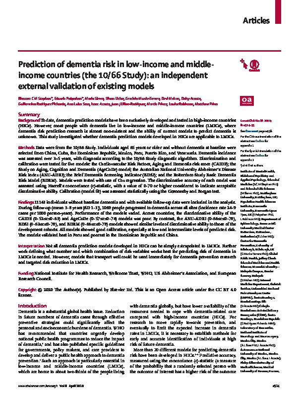 Prediction of dementia risk in low-income and middle-income countries (the 10/66 Study): an independent external validation of existing models Thumbnail
