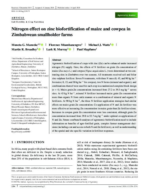 Nitrogen effect on zinc biofortification of maize and cowpea in Zimbabwean smallholder farms Thumbnail