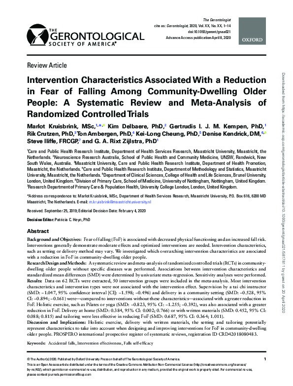 Intervention Characteristics Associated With a Reduction in Fear of Falling Among Community-Dwelling Older People: A Systematic Review and Meta-analysis of Randomized Controlled Trials Thumbnail