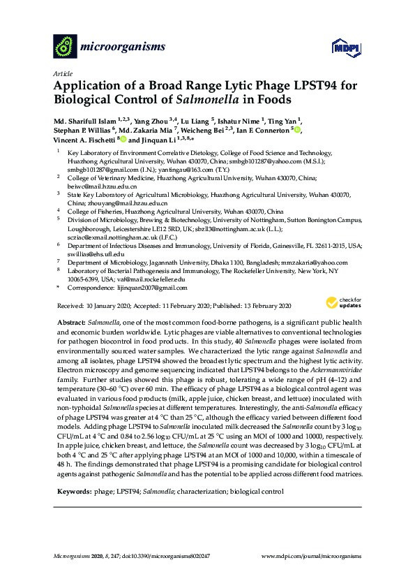 Application of a broad range lytic phage LPST94 for biological control of salmonella in foods Thumbnail