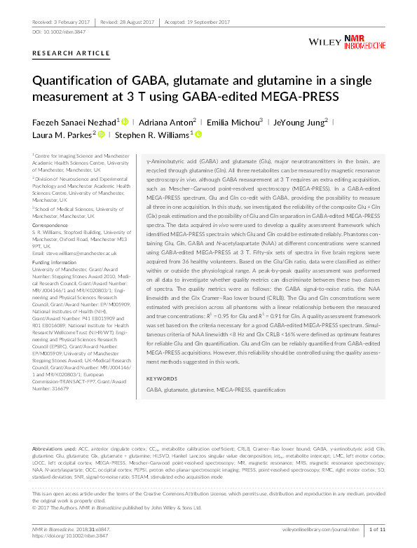 Quantification of GABA, glutamate and glutamine in a single measurement at 3 T using GABA-edited MEGA-PRESS Thumbnail