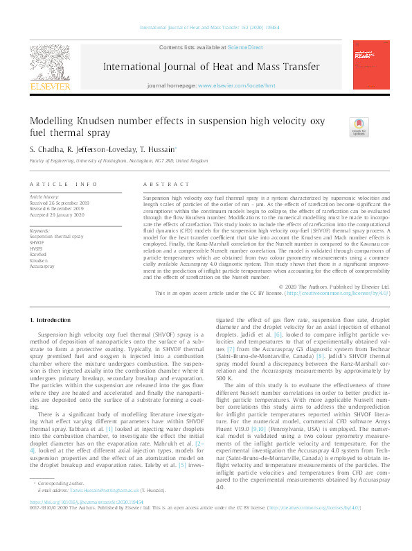 Modelling Knudsen number effects in suspension high velocity oxy fuel thermal spray Thumbnail