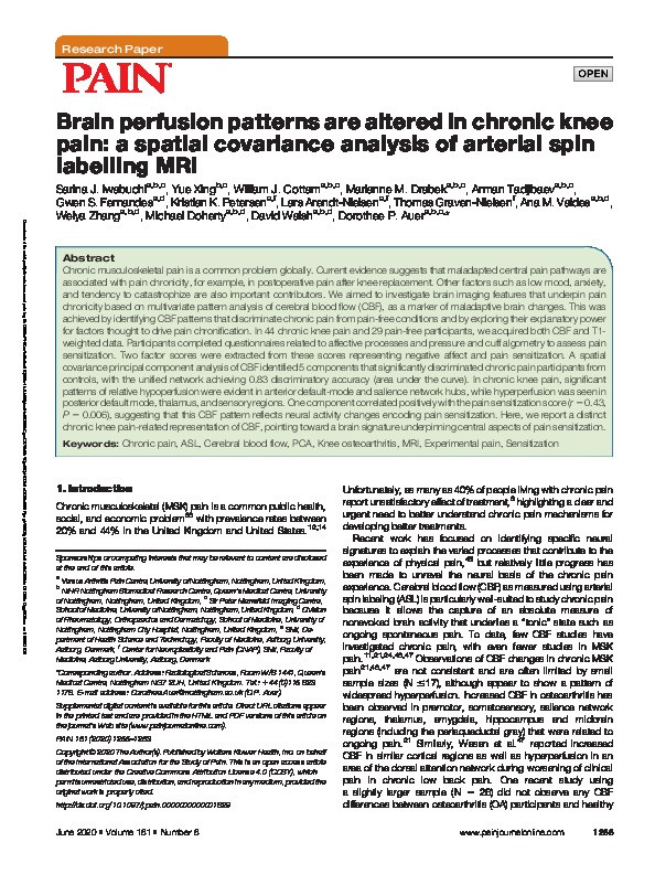 Brain perfusion patterns are altered in chronic knee pain: a spatial covariance analysis of arterial spin labelling MRI Thumbnail