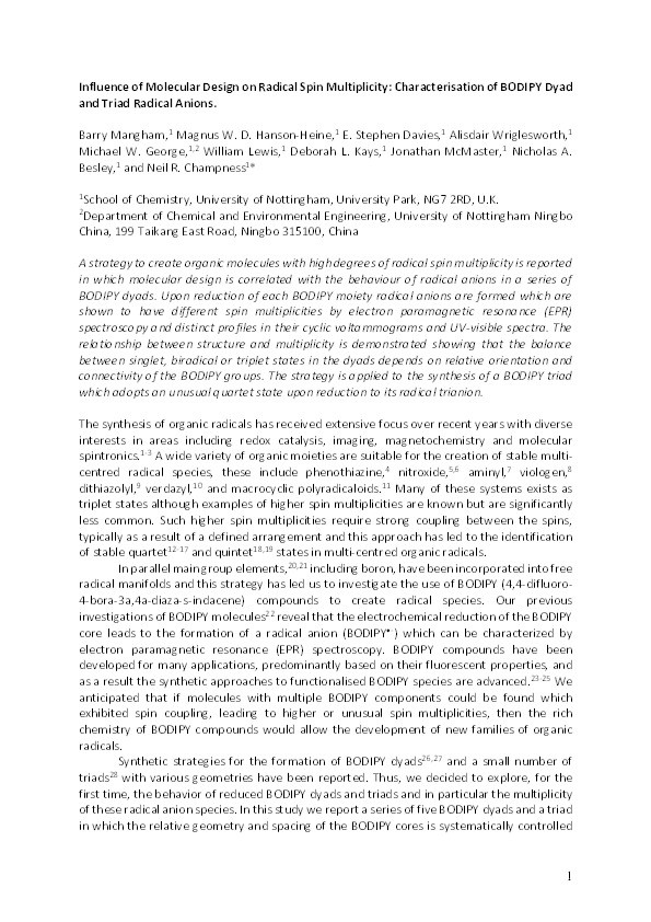 Influence of molecular design on radical spin multiplicity: characterisation of BODIPY dyad and triad radical anions Thumbnail