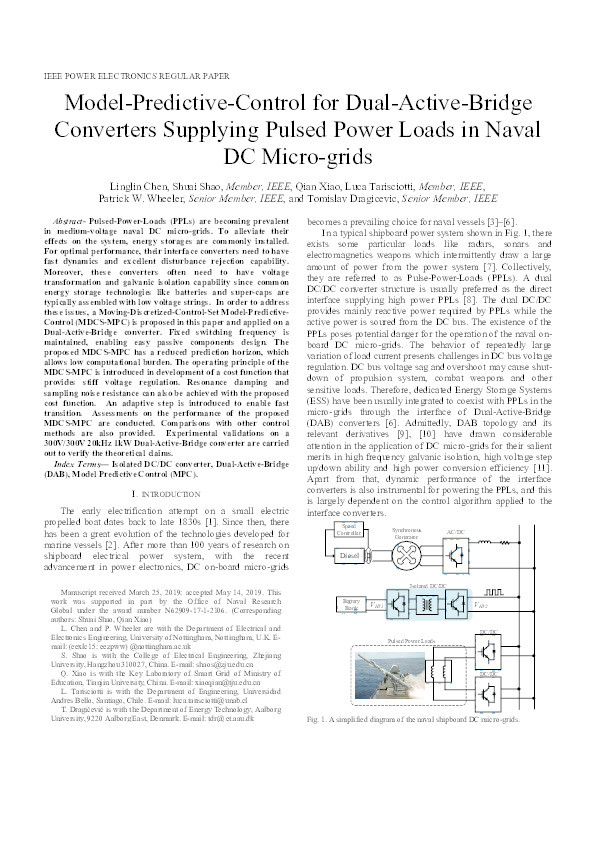 Model Predictive Control for Dual Active Bridge in Naval DC Microgrids Supplying Pulsed Power Loads Featuring Fast Transition and Online Transformer Current Minimization Thumbnail