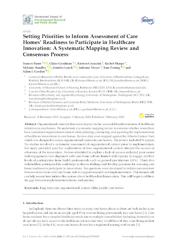 Setting Priorities to Inform Assessment of Care Homes’ Readiness to Participate in Healthcare Innovation: A Systematic Mapping Review and Consensus Process Thumbnail