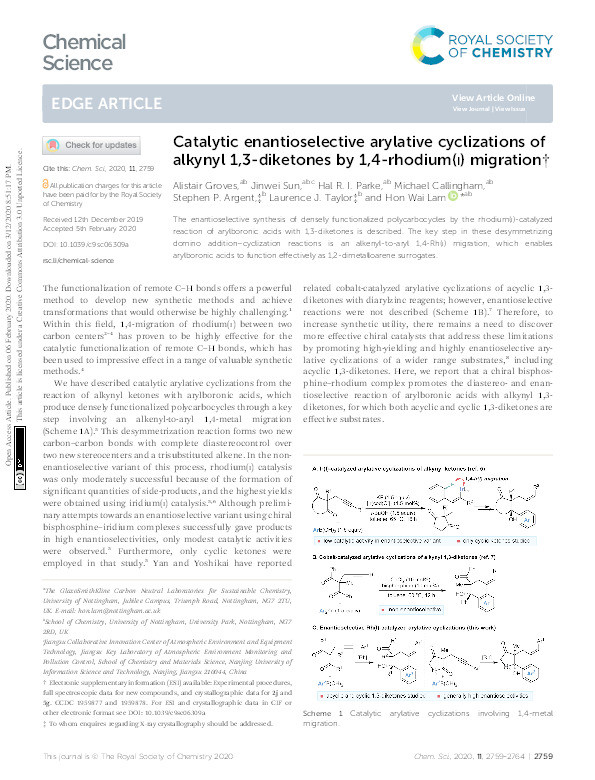 Catalytic enantioselective arylative cyclizations of alkynyl 1,3-diketones by 1,4-rhodium(i) migration Thumbnail