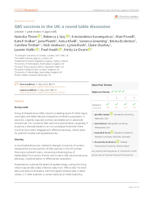 GBS vaccines in the UK: a round table discussion [version 1; peer review: 4 approved] Thumbnail