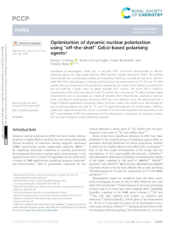 Optimisation of dynamic nuclear polarisation using “off-the-shelf” Gd(iii)-based polarising agents Thumbnail