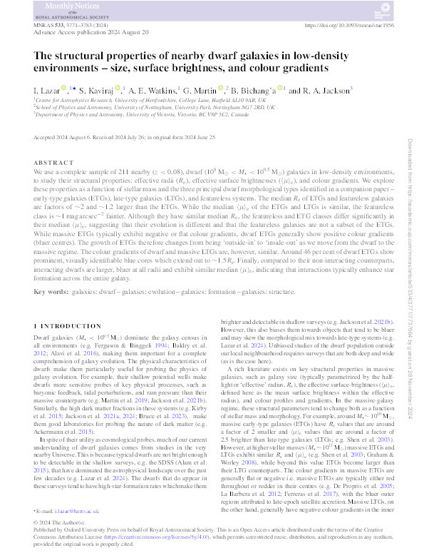 The structural properties of nearby dwarf galaxies in low-density environments – size, surface brightness, and colour gradients Thumbnail