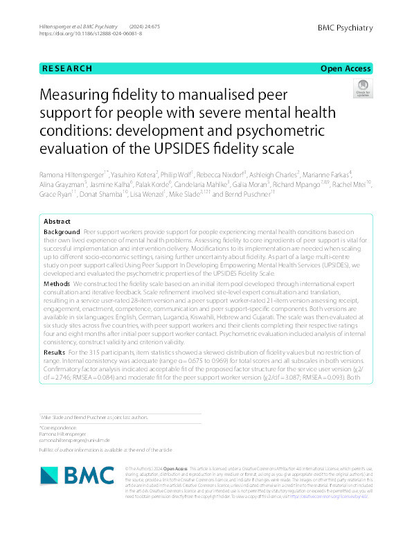 Measuring fidelity to manualised peer support for people with severe mental health conditions: development and psychometric evaluation of the UPSIDES Fidelity Scale Thumbnail