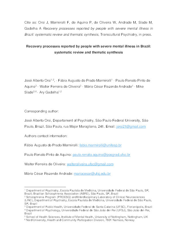 Recovery processes reported by people with severe mental illness in Brazil: systematic review and thematic synthesis Thumbnail