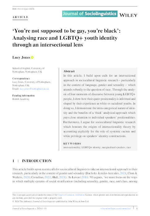 ‘You're not supposed to be gay, you're black’: Analysing race and LGBTQ+ youth identity through an intersectional lens Thumbnail