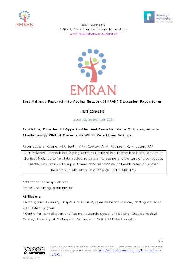 Provisions, Experiential Opportunities And Perceived Value Of Undergraduate Physiotherapy Clinical Placements Within Care Home Settings Thumbnail