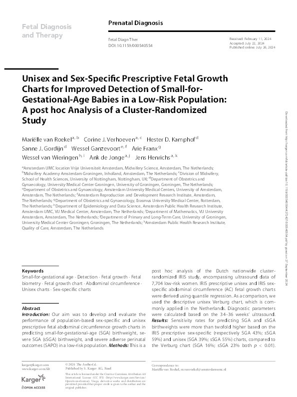 Unisex and Sex-Specific Prescriptive Fetal Growth Charts for Improved Detection of Small-for-Gestational-Age Babies in a Low-Risk Population: A post hoc Analysis of a Cluster-Randomized Study Thumbnail