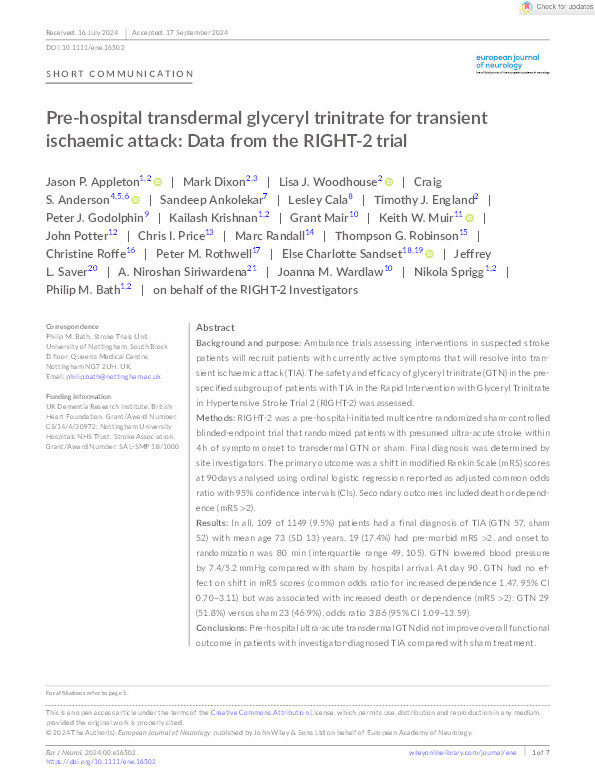 Pre‐hospital transdermal glyceryl trinitrate for transient ischaemic attack: Data from the RIGHT‐2 trial Thumbnail