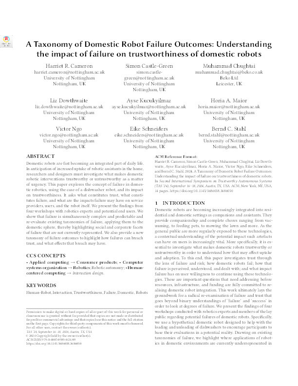 A Taxonomy of Domestic Robot Failure Outcomes: Understanding the impact of failure on trustworthiness of domestic robots Thumbnail