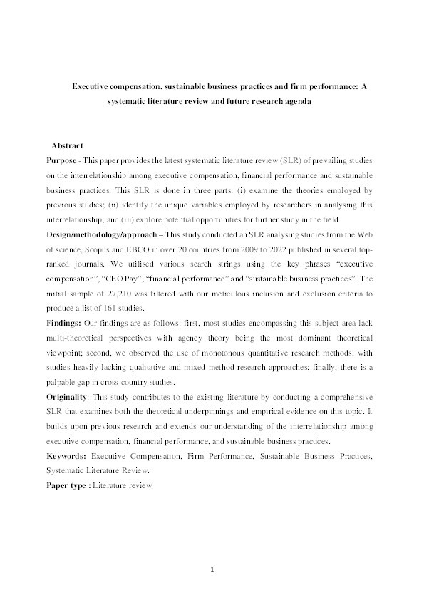 Executive compensation, sustainable business practices and firm performance: a systematic literature review and future research agenda Thumbnail