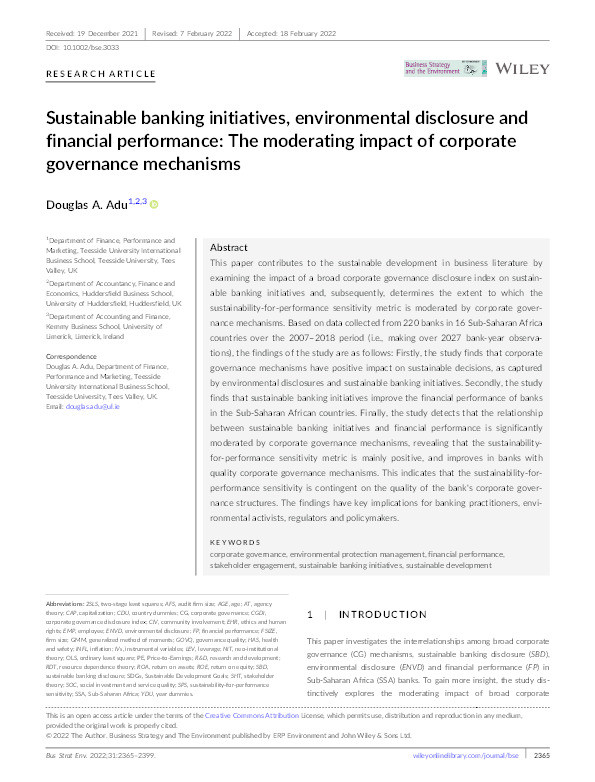 Sustainable banking initiatives, environmental disclosure and financial performance: The moderating impact of corporate governance mechanisms Thumbnail