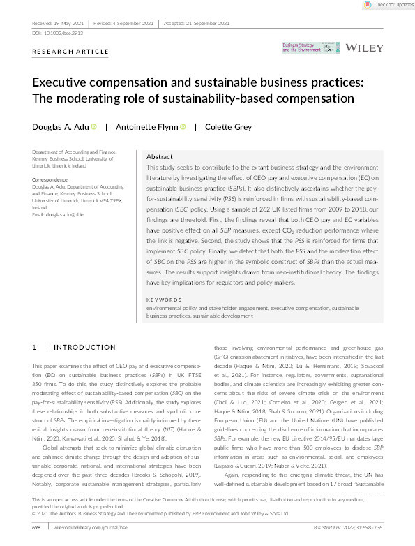 Executive compensation and sustainable business practices: The moderating role of sustainability‐based compensation Thumbnail