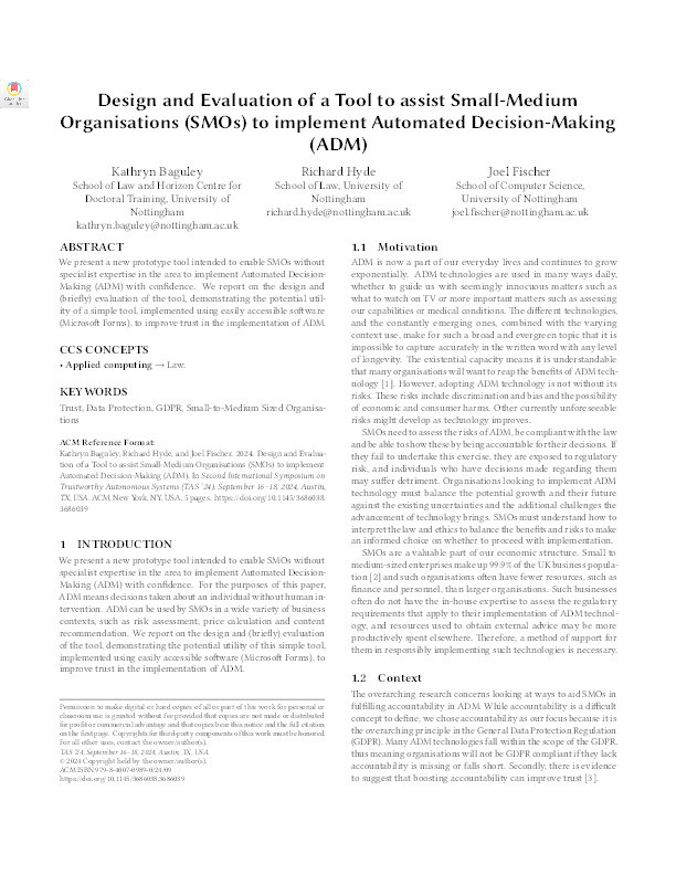 Design and Evaluation of a Tool to assist Small-Medium Organisations (SMOs) to implement Automated Decision-Making (ADM). Thumbnail